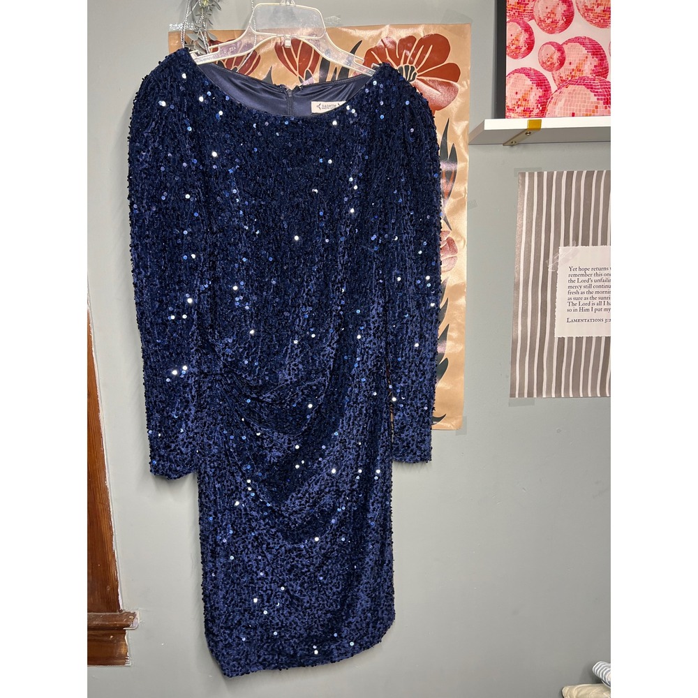 Nanette Lepore Navy Blue Sequin Long Sleeve Cocktail Dress Size 12 Party Evening